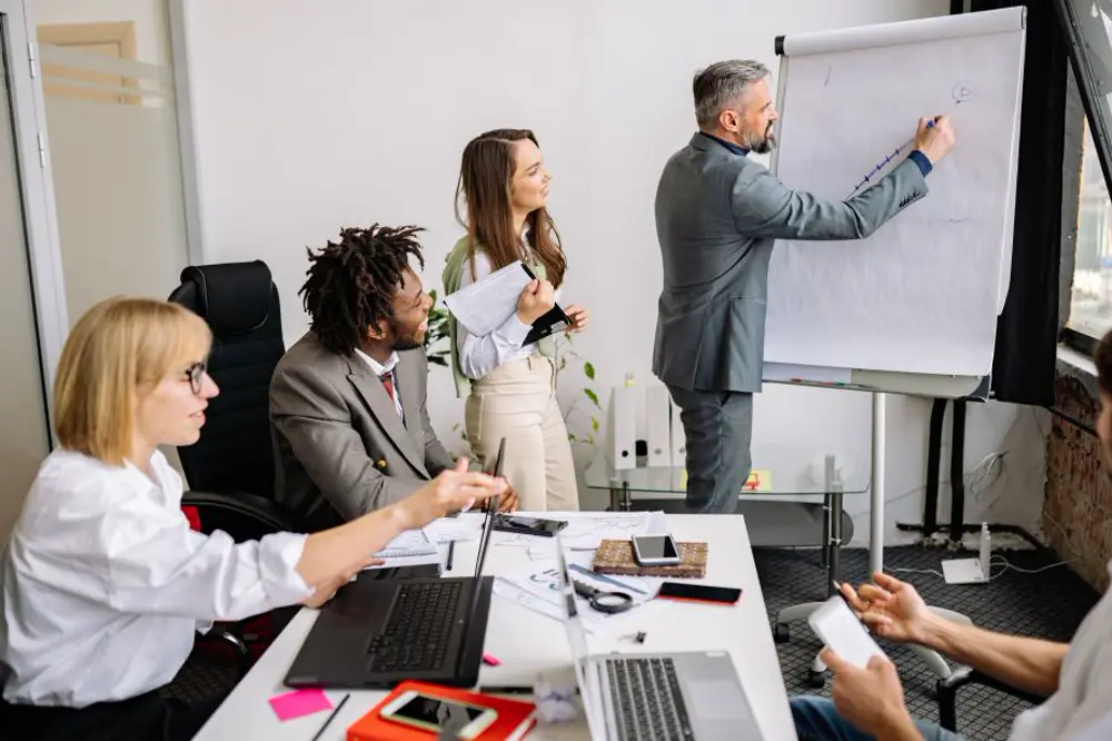 Team meeting around a flip chart